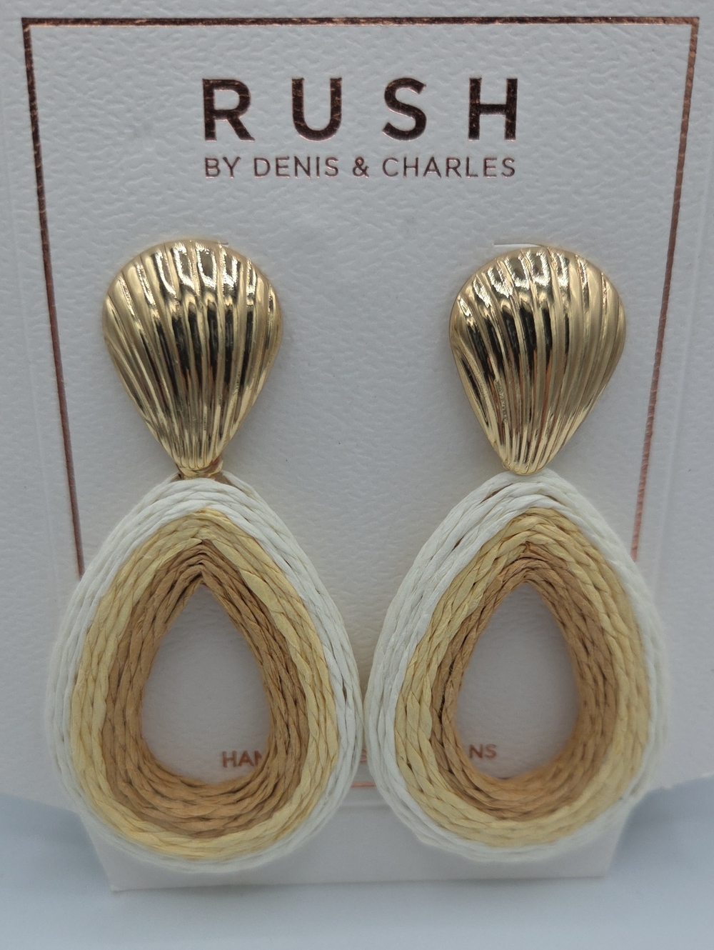 5 for $25! RUSH By Denis & Charles Gold Tone and Cream Teardrop Raffia Earrings